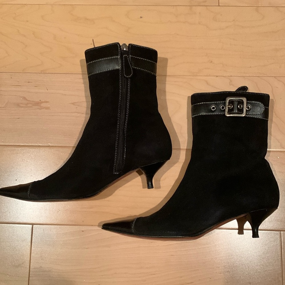 MOSCHINO Black Suede Booties Size 37.5 Kitten Heel